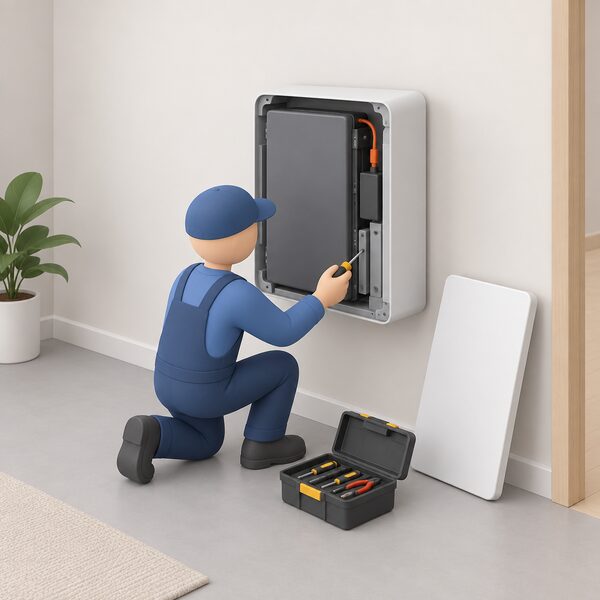 A small simplified installer figure kneels beside a single wall-mounted home battery cabinet indoors, holding a screwdriver and a small tool case open on the floor, servicing the unit with its front cover panel removed.