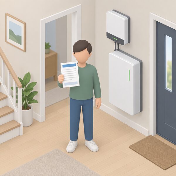 A simplified household figure stands in a home hallway holding up a paper warranty certificate sheet, with a wall-mounted home battery unit and inverter visible nearby, the certificate shown with blank lines and plain colour bands carrying no readable words or numbers.