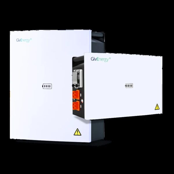 Two white GivEnergy home battery units, one showing exposed connectors on its side