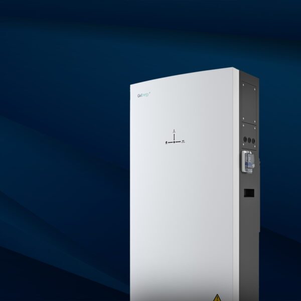A white GivEnergy wall-mounted battery inverter unit shown against a dark blue studio background