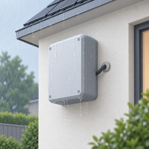 A single weatherproof battery module in a sealed enclosure fixed high on the outside wall of a house, with rain running off its closed casing and a cable entering the wall, showing why its IP66-rated enclosure suits an outdoor position.