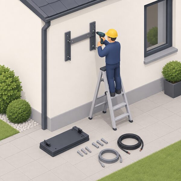 An installer on a ladder drills an outside house wall and fixes the separately supplied wall bracket set in place, with the battery base, plugs, screws and cables laid out nearby ready for the battery and connections to follow.