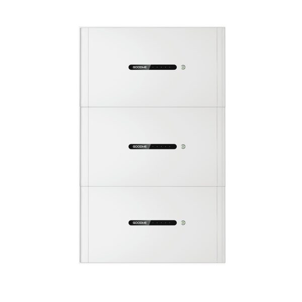 A stacked white GoodWe Lynx D home battery module (three stacked units) shown on a plain white background