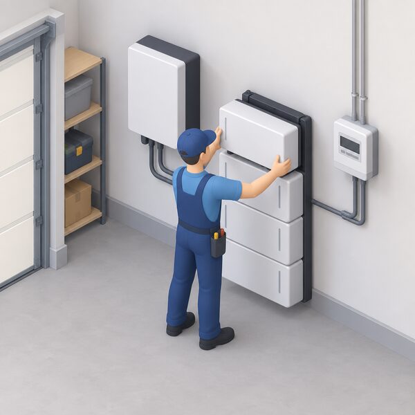 An installer fitting a battery module onto a stacked ESA battery tower beside a hybrid inverter on a garage wall, with a smart meter nearby, showing the installer-led commissioning described in the section.