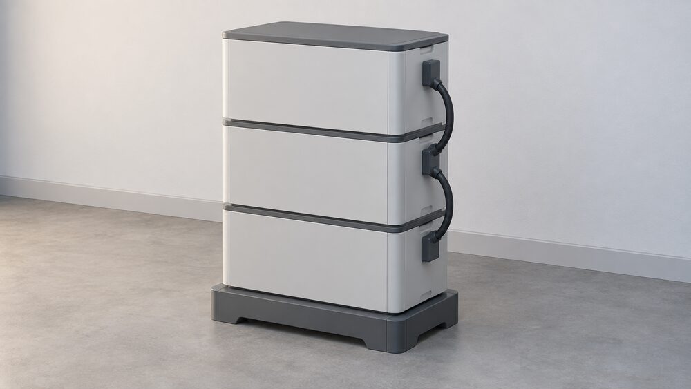 A close-up of a stackable home battery system: a floor-standing base on a garage floor with three bulky rectangular 5 kWh LFP battery modules stacked on top of it, a thick low-voltage connection cable linking the stack, with no other equipment in view.