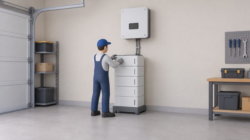 A qualified installer stands beside a floor-standing base in a dry garage holding a tall stack of battery modules, with an inverter mounted on the wall above and conduit running down between the inverter and the stack.