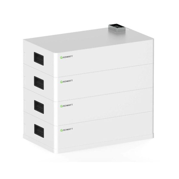 A stacked white Growatt AXE 5.0L home battery unit with four modules on a plain background