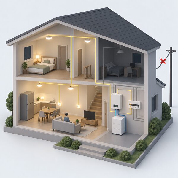 A cutaway home interior in a power cut showing a wall-mounted hybrid inverter connected to a stackable floor-standing battery, with a simplified backup distribution board feeding lit ceiling lights and a few live sockets while other circuits sit dark.