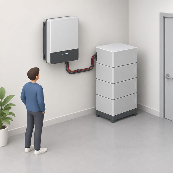 A wall-mounted hybrid inverter with a floor-standing stack of battery modules beside it, connected by a short cable run, in a plain utility room corner.