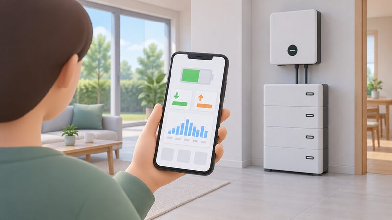 A hand holds a smartphone in a home setting, its screen showing the ShinePhone app with a battery state-of-charge bar, charge and discharge power indicators and a simple daily bar chart, with the AXE battery stack and inverter visible in the background.