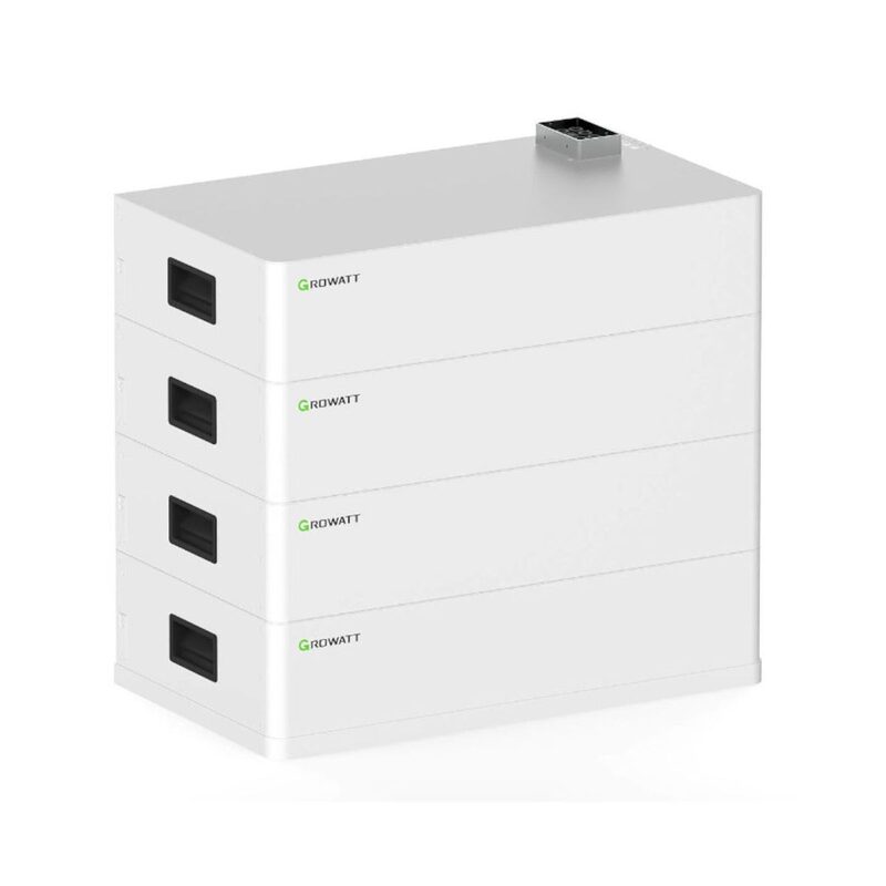 A stacked white Growatt AXE 5.0L home battery unit with four modules on a plain background