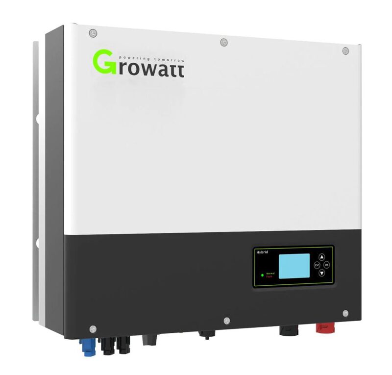 A Growatt hybrid solar inverter, a white and grey wall-mounted unit with display panel and connection ports