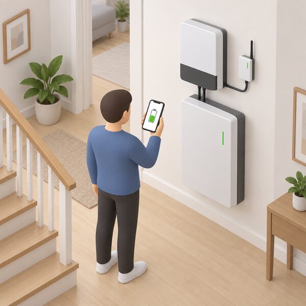 A simplified figure stands in a home hallway holding a smartphone whose screen shows a plain battery symbol partly filled with colour, with a wall-mounted battery and inverter on the wall nearby connected by a small communication module.