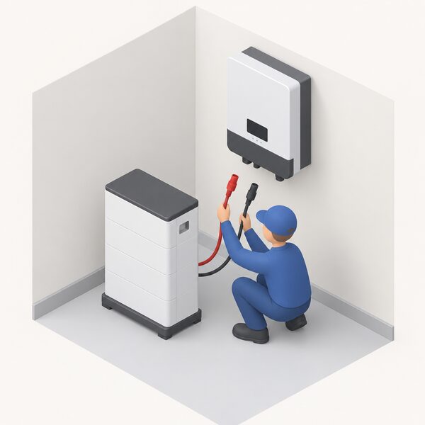 A simplified isometric installer figure crouching beside a floor-standing Growatt battery module on a base, holding its cables up to a wall-mounted hybrid inverter to check the pairing before fitting, in a plain utility room corner.