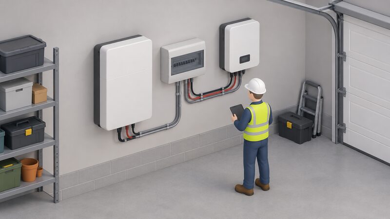 A plain wall-mounted home battery unit in a garage, shown beside a consumer unit and an inverter fixed to the same wall, with an isometric installer figure checking the cabling between the three units.
