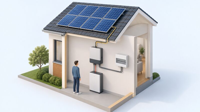 A cutaway house wall showing a hybrid inverter mounted indoors with cables running up to rooftop solar panels, down to a floor-standing battery beside it, and across to the household consumer unit.