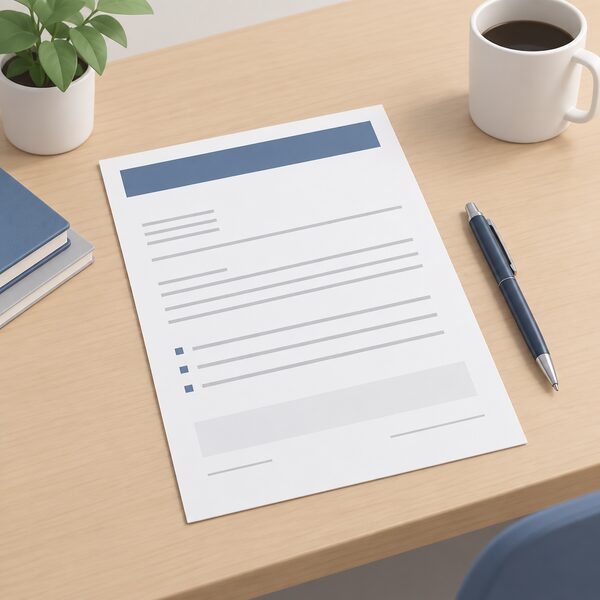 A printed UKCA declaration of conformity document lying on an office desk, shown as a physical sheet with a plain header band and blank lines where the issuing company, product lines and standards would appear, with a pen beside it.