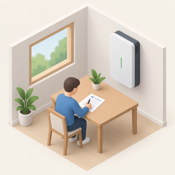 A simplified isometric figure sits at a table beside a wall-mounted home battery, filling in a warranty registration form shown as a physical sheet with blank lines and plain blocks, with a pen in hand to suggest prompt completion after commissioning.