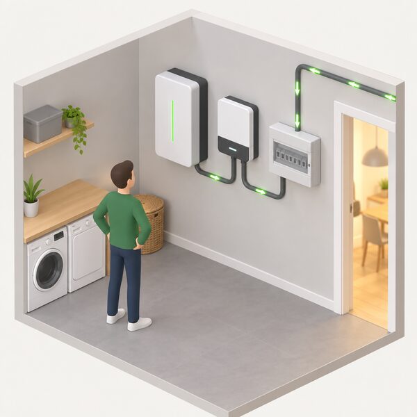 A wall-mounted home battery unit indoors in a utility room, connected by cabling to a consumer unit and an inverter, with a simplified isometric figure of a householder looking at it, showing stored electricity feeding the home's circuits.