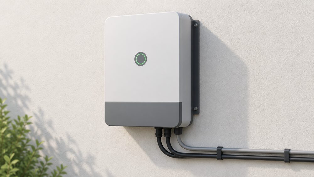 A single wall-mounted all-in-one home battery enclosure, combining the hybrid inverter and battery in one unit, shown close up on an exterior house wall with its cable runs and mounting bracket, and nothing else.