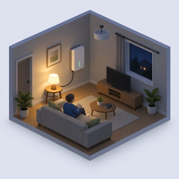 A cut-away living room at night with the ceiling light off and a table lamp glowing, its cable running to a wall-mounted home battery unit indoors that has taken over the supply during a power cut.