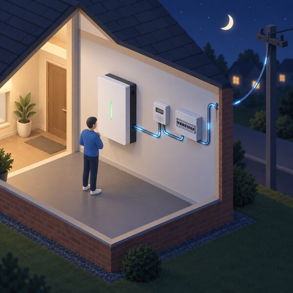 A cutaway night-time view of a house wall showing a Hanchu ESS home battery unit indoors connected to the electricity meter and consumer unit, with a power cable from the grid supplying it as it charges, a dark night sky outside and a small isometric figure checking the unit.