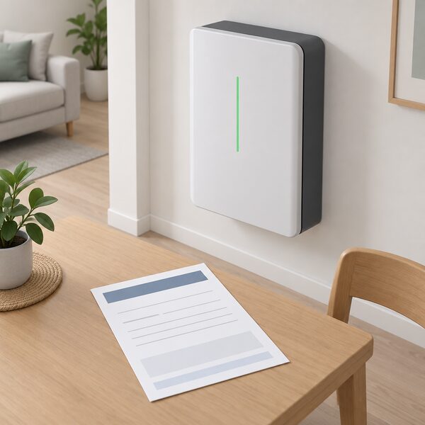 A printed manufacturer warranty certificate lying on a table beside a wall-mounted home battery unit, drawn as a physical document with blank lines and plain colour bands so no words or figures are readable, in a simple domestic setting.