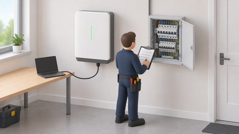 A simplified electrician stands at a wall-mounted home battery indoors, a laptop connected to it by a cable, an open consumer unit beside it, and a clipboard of blank commissioning paperwork in hand.