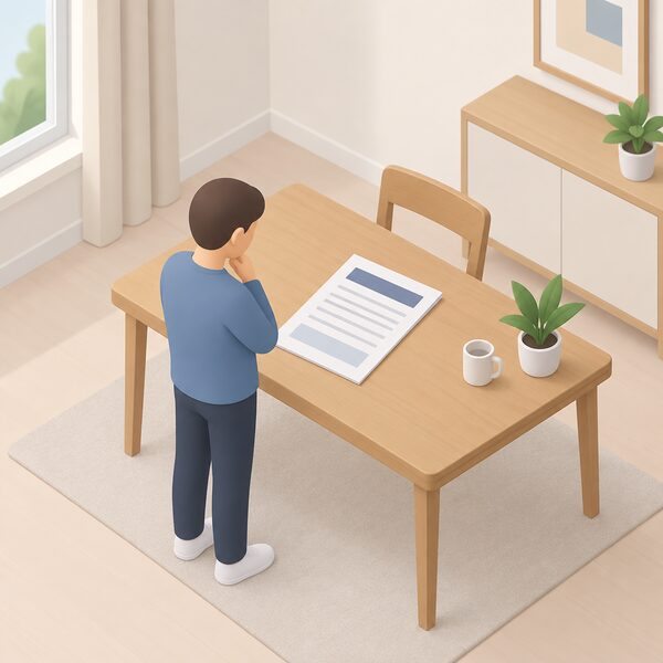 A printed home battery warranty document lying flat on a household table, its pages showing only blank lines and plain blocks where the written terms would be, with a simplified isometric figure of a buyer standing beside the table reading it before purchase.