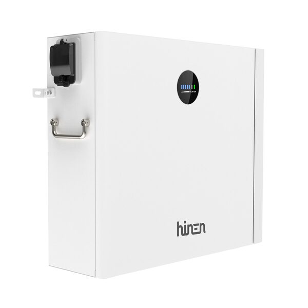 A white Hinen wall-mounted home battery storage unit with a round LED charge indicator and metal handle