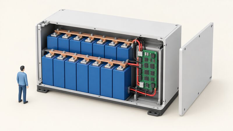 A cutaway diagram of a domestic home battery module with its outer casing opened to reveal rows of prismatic lithium iron phosphate cells linked by busbars to a battery management board.