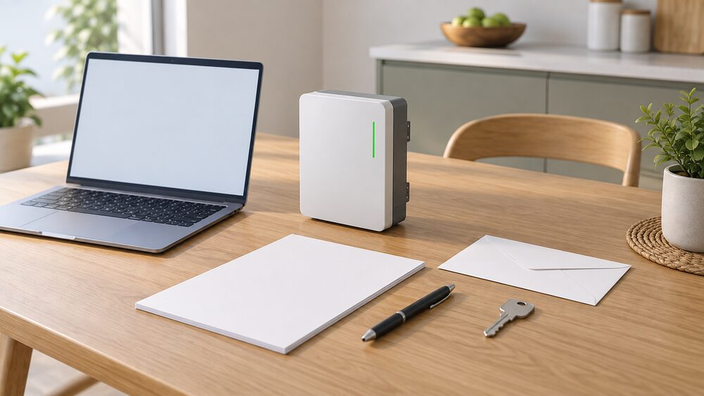 A small model of a wall-mounted home battery unit stands on a kitchen table beside blank insurance paperwork, a blank envelope, a pen and a house key, with a laptop showing a blank screen open nearby.