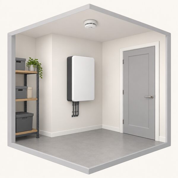 A wall-mounted domestic lithium battery unit indoors in a utility room, with a smoke alarm on the ceiling above it, the room door closed, and no heat sources nearby, showing the fire-service siting guidance.