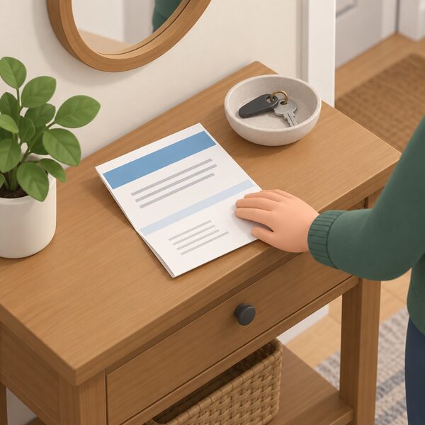 A folded paper guarantee certificate lying on a hall table beside a house key bowl, its printed layout shown only as blank lines and plain colour bands, with a small isometric homeowner's hand resting on it to show the householder keeping the installation guarantee safe.