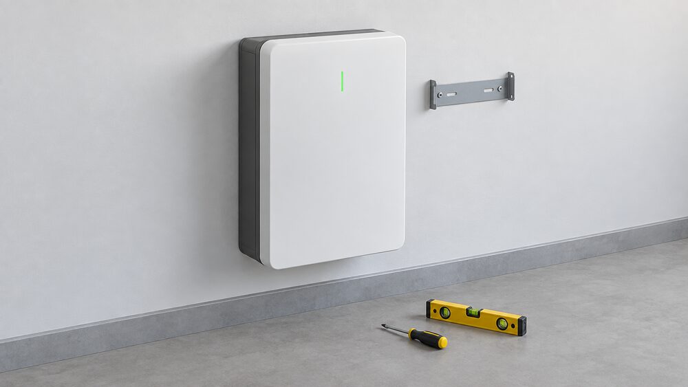A close-up of a single wall-mounted home battery cabinet fixed to an indoor garage wall, its front cover intact, with a small mounting bracket beside it and a screwdriver and spirit level resting on the floor below, and nothing else in the scene.