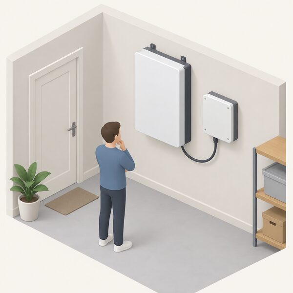 A plain rectangular home battery unit mounted high on an indoor wall of a simple utility room, with a cable running from it down to a small wall-mounted inverter box beside it, drawn as a clean cutaway-free isometric view.