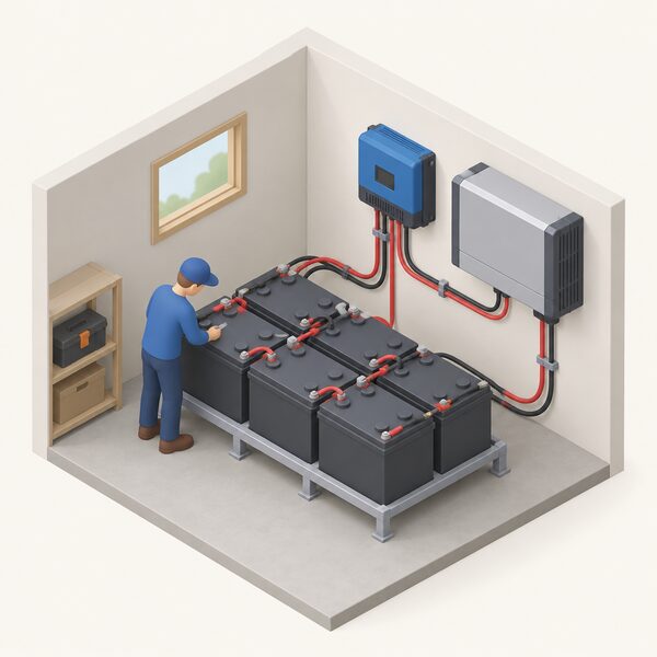 A bank of large lead-acid batteries on a low rack in an off-grid utility room, connected by thick cables to an inverter and charge controller, with a small isometric figure inspecting the terminals.
