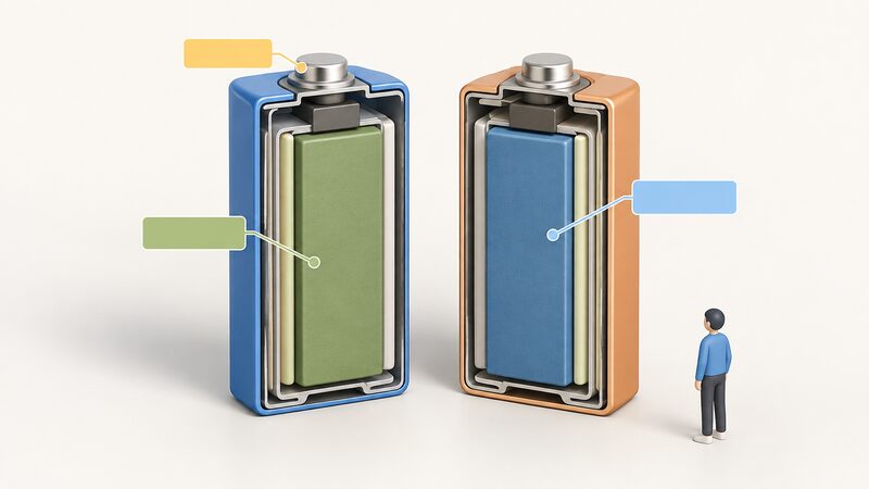A cutaway diagram showing two battery cells side by side, one LFP and one NMC, each opened to reveal its cathode as a plain colour block with simple non-readable label tags pointing to the cathode materials and a small blank voltage marker on the LFP cell.