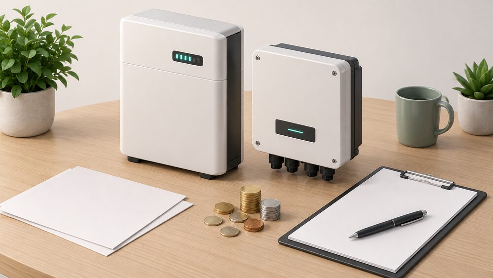 A small model of a wall-mounted home battery unit with its inverter box beside it sits on a table next to blank paperwork, a clipboard with a pen, and a scatter of coins, suggesting the cost of buying and installing a home battery.