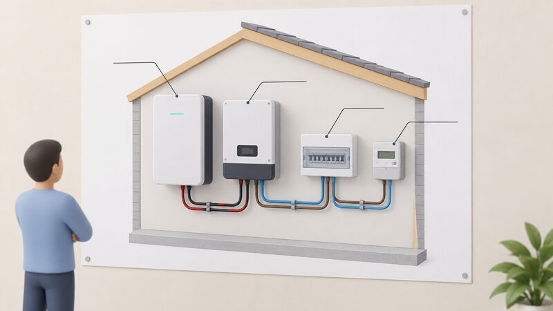 A printed diagram sheet pinned to a wall showing a simplified cutaway of a home installation: a wall-mounted battery module, a hybrid inverter beside it, a consumer unit and an electricity meter, joined by drawn cable runs, with blank label lines pointing to each item.