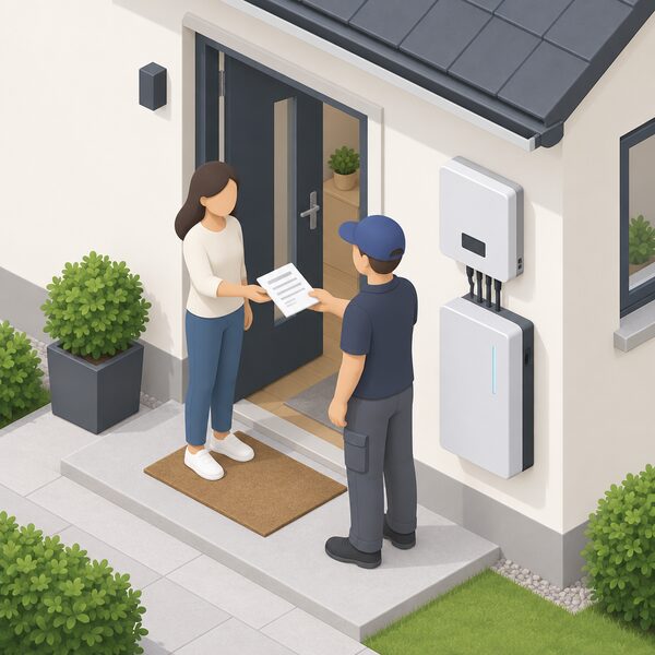 At a home's front door, an installer in plain work clothes hands a folded paper document to a householder, with a wall-mounted home battery and inverter visible on the exterior wall beside the doorway, showing the completed installation paperwork being handed over.
