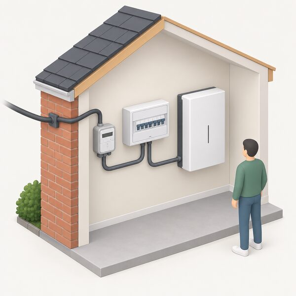 A cutaway house wall showing a home battery unit mounted indoors, wired to the household consumer unit, with the incoming grid supply cable and electricity meter still connected alongside it.
