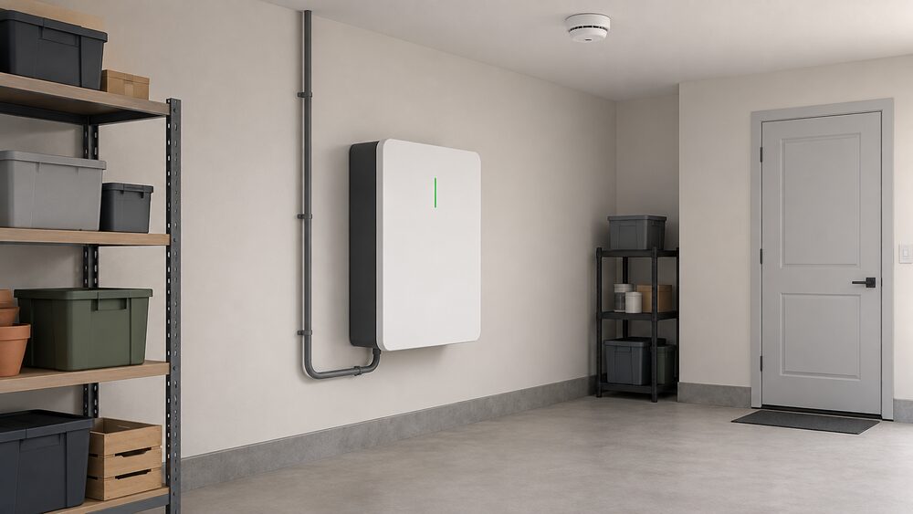 A wall-mounted domestic lithium-ion battery storage unit in a garage or utility space, shown close up with its casing intact, a smoke or heat alarm on the ceiling of the same room, and the unit sited clear of the doorway and escape route.