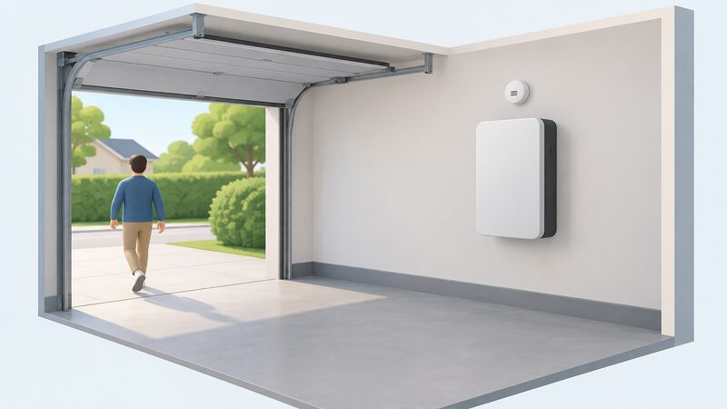A wall-mounted home battery unit fixed high on a garage wall with a smoke alarm mounted on the wall above it, the garage door and escape route left clear, and no heater or other equipment beside the unit.