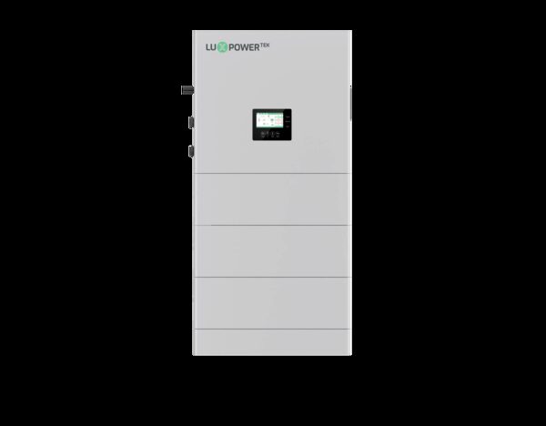 A LuxpowerTek wall-mounted home battery storage unit with a small display screen, shown on a plain white background