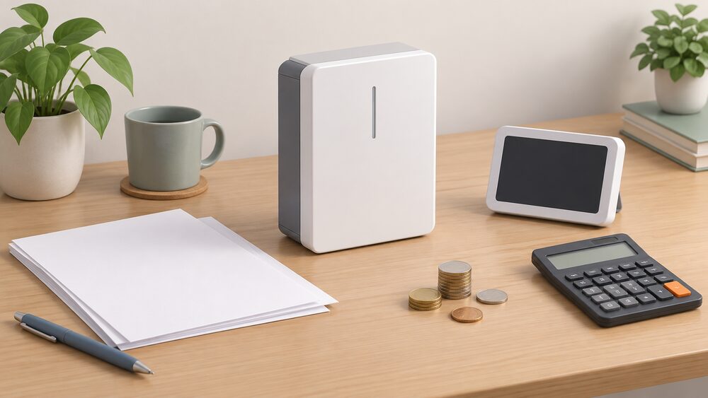 A small model of a wall-mounted home battery standing on a table beside blank paperwork, a calculator, a smart meter in-home display showing a blank screen, and a few coins, arranged as the moment a household works out what size battery it needs.
