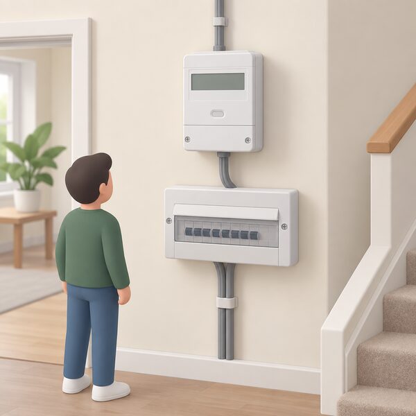A domestic electricity meter mounted on an interior wall of a home, shown as a closed meter box with its display face drawn as a plain blank panel, connected by a visible cable running up from the consumer unit and down toward the incoming supply, with no readable figures or text on it.