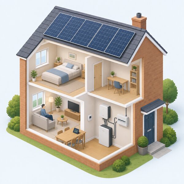 A small isometric house with solar panels on its pitched roof, a battery unit and hybrid inverter on an inside wall connected to the consumer unit, and a smart meter with an in-home display on a table inside.