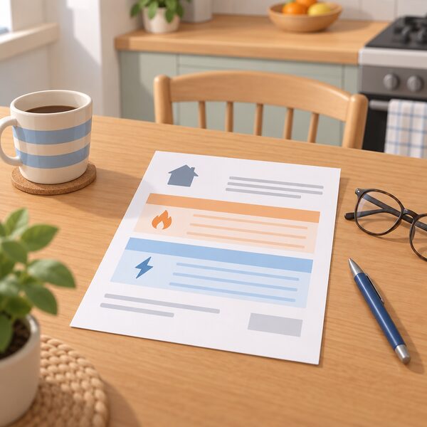 A domestic energy bill lying on a kitchen table, printed as a physical sheet with blank lines and plain colour bands marking the unit rate and standing charge sections, beside a pen and a pair of reading glasses.