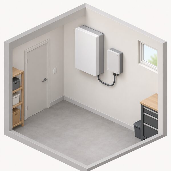 A plain rectangular home battery unit mounted high on an indoor wall of a simple utility room, shown in isometric view with its cable running down to a small inverter box beside it, no people present.